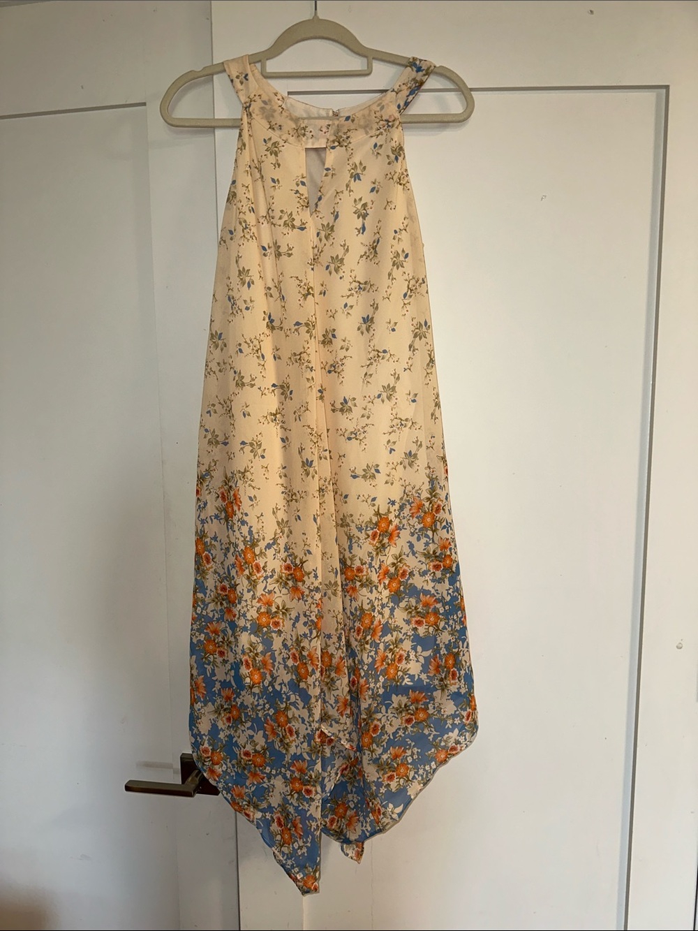 Emma & Michele Floral Hanky Hem Midi Dress in Cream,Blue and Orange. NWT